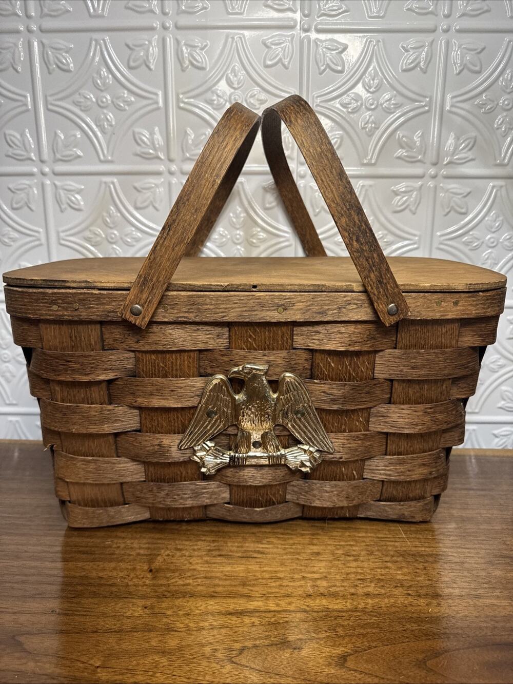Vintage Large Basketville Putney Vermont Picnic Woven Basket USA Patriot Eagle